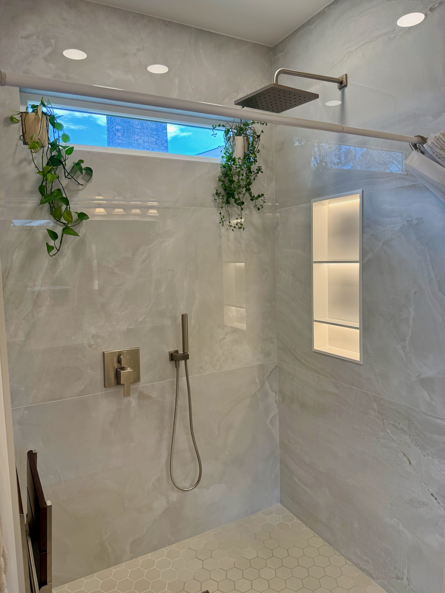 Lakefront bath refresh in Anderson SC — detail of vanity hardware and lighting